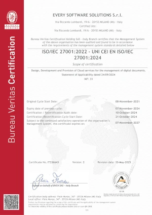Certificazione ISO/IEC 27001:2022 - UNI CEI EN ISO/IEC 27001:2024: SGSI Progettazione, Sviluppo ed Erogazione di servizi in Cloud per la gestione di documenti digitali -Every SWS