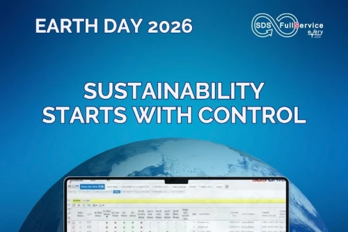 Giornata della terra 2026 SDS-FullService di Every SWS Schermata di SDS-FullService con interfaccia di gestione sostanze chimiche, sopra la scritta "Earth Day 2026 – Sustainability Starts with Control" e il logo SDS-FullService