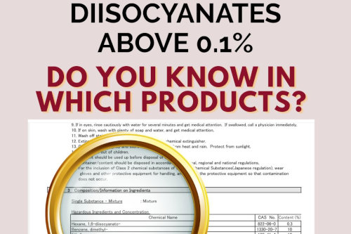 Grafica con il titolo Diisocianati sopra lo 0,1%: sai in quali prodotti? e una lente d'ingrandimento sulla sezione 3 di una Scheda Dati di Sicurezza, che evidenzia diisocianati con la loro concentrazione e classificazione; in basso il logo SDS-FullService.
